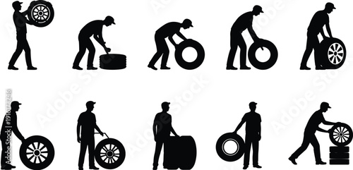 Set of black silhouettes showing professional auto mechanics changing tires, performing car maintenance, and handling wheels in a repair shop.