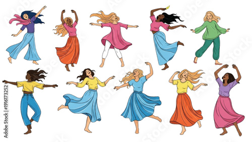High-quality black outline colorful art of women dancing freely, celebrating joy, confidence, and self-expression