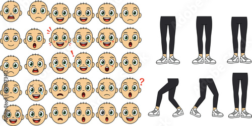Collection of cartoon faces with various expressions and legs in leggings and sneakers Keywords: cartoon face, expression