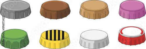 Set of Colorful Metal Bottle Caps in Different Colors and Designs for Beverage Packaging Industry and Soda Drink Graphic Assets (21 words)