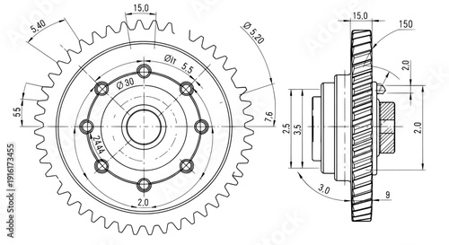 Gear technical drawing blueprint for mechanical engineering design