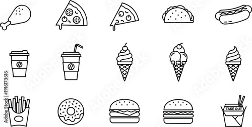 Assorted icons representing a variety of popular fast food items and beverages isolated on transparent background, Vector