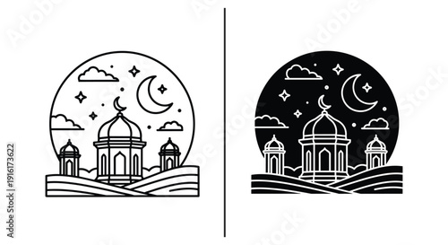 Mosque and Crescent Moon Illustration