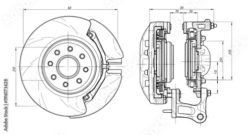 Blueprint of a mechanical disc brake assembly component