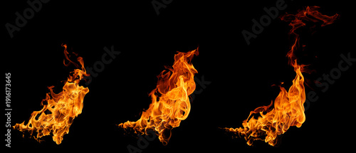 Set fire flame isolated black background. motion design, burst effect, cinematic explosion scenes, heat energy concepts in a torch. heat texture, burn in the grill. flame blaze at night, fire sizzling
