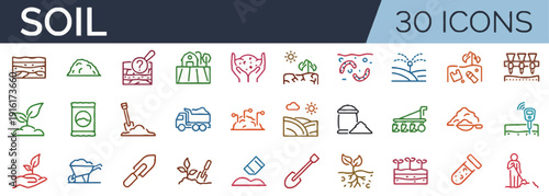Collection of thirty icons related to soil displayed in various colors on a clean white background from a straightforward viewpoint