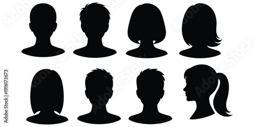 Collection of eight black silhouette head profiles and hairstyles Keywords: silhouette, head, profile, human, person, male