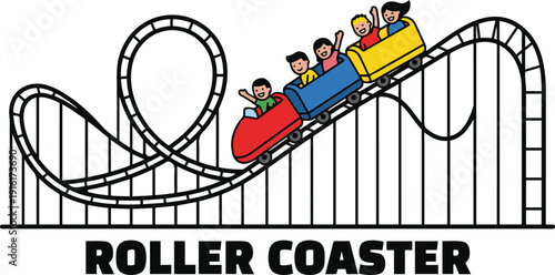 Vector illustration of a roller coaster with colorful cars carrying excited riders on a looping track, with bold “Roller Coaster” text beneath the graphic.