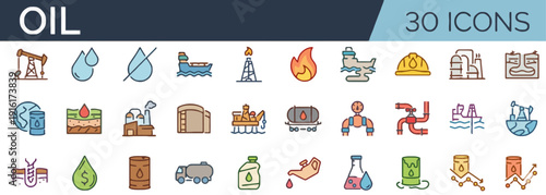 Collection of Oil Industry Icons Representing Extraction and Refining Processes in Various Industrial Settings