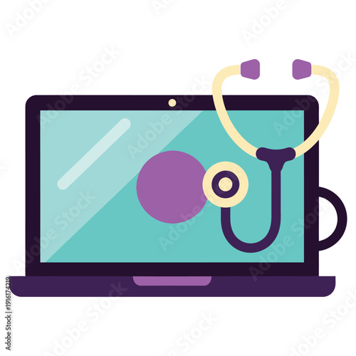 Laptop computer with stethoscope on screen for medical online health check  ehealth concept icon