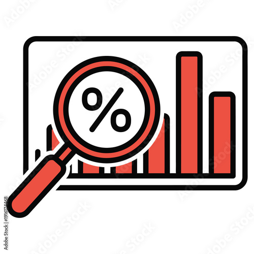Magnifying glass over a bar chart with a percent sign  business analysis concept icon