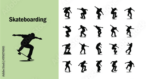Collection of black silhouette icons illustrating various dynamic skateboarding tricks and maneuvers performed by athletes in motion