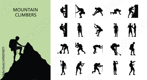 Collection of black silhouette icons depicting various mountain climbers and hikers engaged in different challenging outdoor adventure activities and physical exertion poses