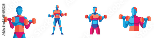 Flat vector illustration set of a person working out with dumbbells, flat design, simple composition, no outline, modern bright palette