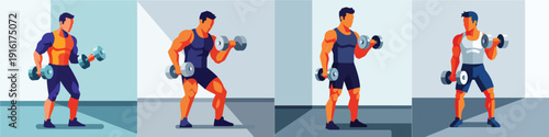 Flat vector illustration set of a person working out with dumbbells, flat design, simple composition, no outline, modern bright palette