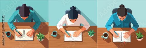 Flat vector illustration set of a person writing in a notebook, flat design, minimalist style, no outline, bright colors