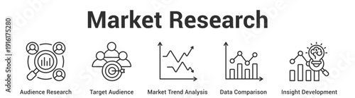 Market Research web banner icon set vector illustration concept for business with icon of Audience Research, Target Audience, Market Trend Analysis, Data Comparis.