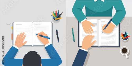 Flat vector illustration set of a person writing in a notebook, flat design, minimalist style, no outline, bright colors