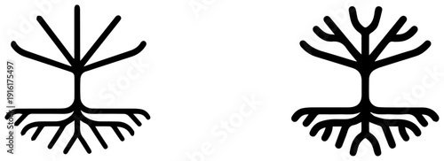 Healthy plant root system icons black and white illustrations of roots soil growth ecology symbols