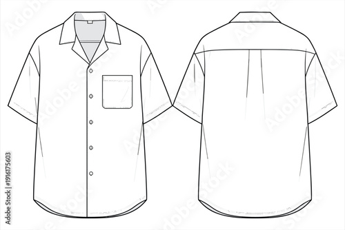 Front and Back View Technical Drawing of a White Short Sleeve Camp Collar Shirt Keywords: technical drawing, fashion