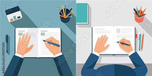 Flat vector illustration set of a person writing in a notebook, flat design, minimalist style, no outline, bright colors
