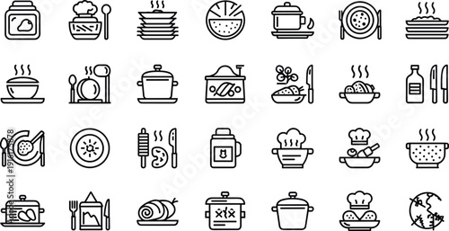 Collection of diverse food and cooking-related icons showcasing various dishes and utensils isolated on transparent background, Vector