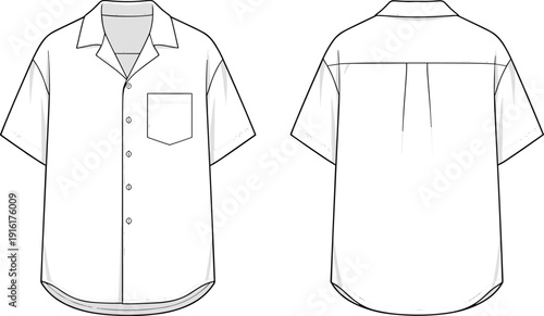 Front and Back View Technical Drawing of a White Short Sleeve Camp Collar Shirt Keywords: technical drawing, fashion
