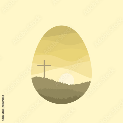 Happy easter day minimal pastel illustration, silhouette of and egg with cross and nature background.