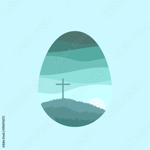 Happy easter day minimal pastel illustration, silhouette of and egg with cross and nature background.