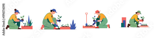 Flat vector illustration set of a person gardening alone, flat design, simple and clean, no outline, modern bright colors, white background