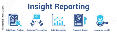 Insight Reporting web banner icon set vector illustration concept for business with icon of Data Report Analysis, Business Presentation, Data Comparison, Financial Repo.