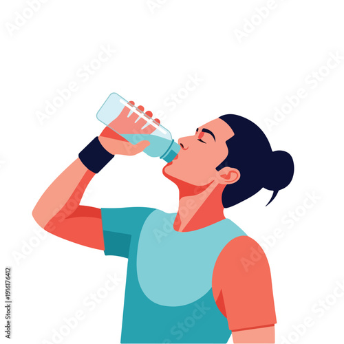 Flat vector illustration a person drinking water after exercise, flat design, minimalist, no outline