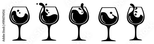Set Of Five Wine Glass Icons Featuring Dynamic Splashing Liquid Silhouettes In Motion
