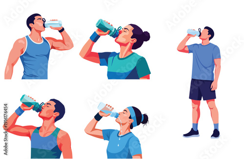 Flat vector illustration set of a person drinking water after exercise, flat design, minimalist, no outline