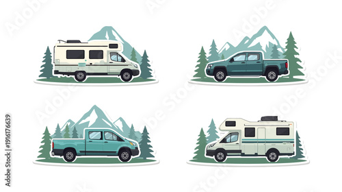 Four camper vans and pickup trucks in a scenic outdoor setting