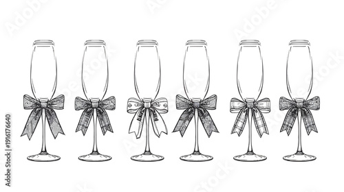Six empty champagne glasses with decorative bows on stems