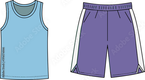 Light blue tank top and purple athletic shorts with white and green accents Keywords: tank top, t-shirt, sleeveless shirt