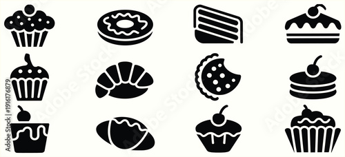 AdobCake and dessert silhouette icons collection, featuring minimalist black stencils of traditional European pastries and American sweets for bakery signs and logos.e Illustrator Artwork