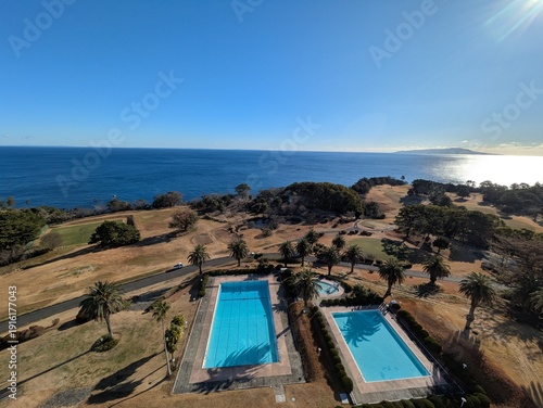 Swimming pool at a resort hotel located by the sea