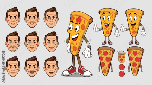 Cartoon pizza character with various emotive facial expressions and slices