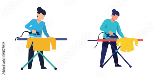 Flat vector illustration set of a person ironing clothes, flat design, minimalist vector