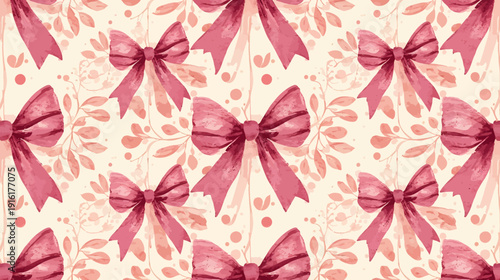Watercolor bow pattern with flowers and hearts on cream background
