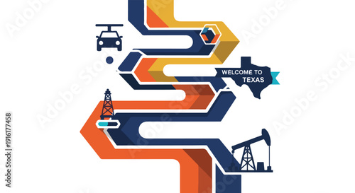Abstract graphic illustrating Texas industries, infrastructure, and welcoming spirit, featuring oil rigs, rockets, and a "Welcome to Texas" sign.