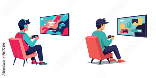 Flat vector illustration set of a person playing video games alone, flat design, minimalist, no outline, modern bright colors, white background