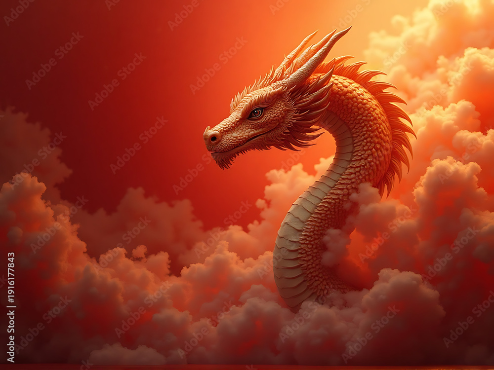 Fototapeta premium Majestic dragon emerging from soft golden mist on deep red backdrop, oil painting style, expansive copy space, elegant dynamic composition