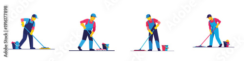 Flat vector illustration set of a person cleaning the floor with a mop, flat design, simple vector style, no outline, bright colors, white background