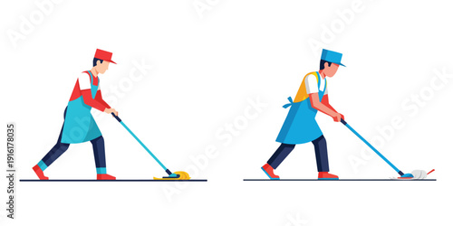 Flat vector illustration set of a person cleaning the floor with a mop, flat design, simple vector style, no outline, bright colors, white background