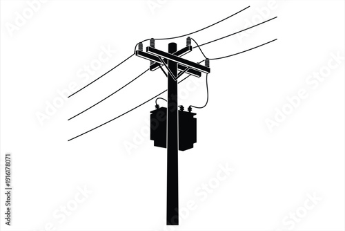 Silhouette of a power pole with transformer and overhead wires electricity power line