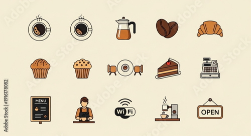 Collection of coffee shop icons and symbols for cafe business.