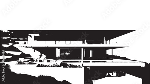 Modern House Silhouette in Dramatic Black and White with High Contrast for Architecture Design